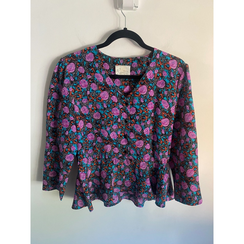 Vintage Roma Fashion Floral Peplum Blouse Purple Teal Rose Button Front Small
